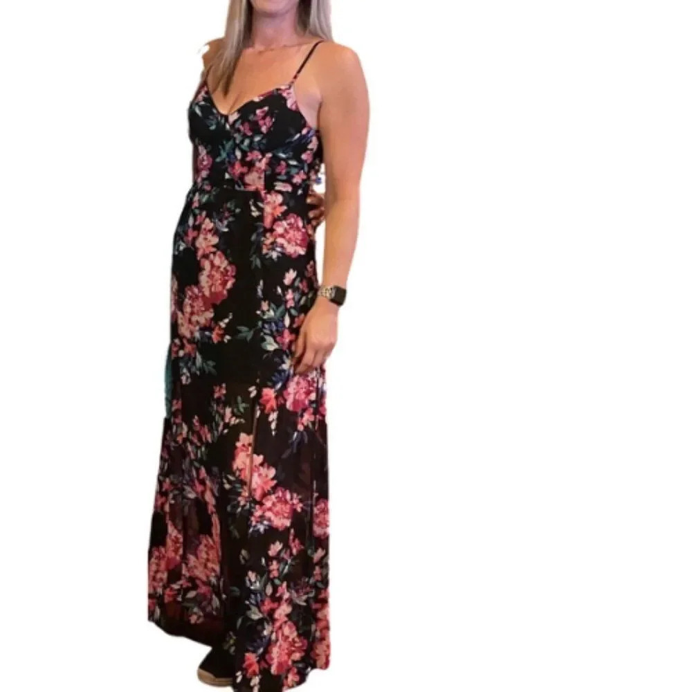 Express Women's Black Floral Print Sleeveless Side Slit Maxi Dress Size S/P